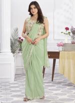 Shimmer Georgette Pista Green Party Wear Embroidery Work Ready To Wear Saree